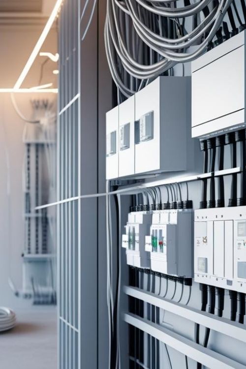 Netzwerkschrank in moderner Industrieumgebung – strukturierte Installation mit Patchfeldern und Steuereinheiten