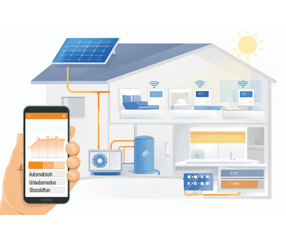 Grafik zur Heizungssteuerung mit Wärmepumpe – smarte Technik im Haus
