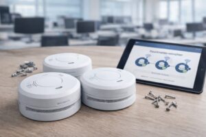 Rauchmelder Installation in Hamburg – vernetzte Rauchmelder mit Tablet konfiguriert im Büro