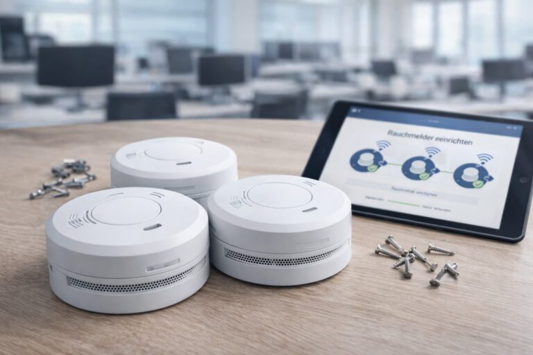 Rauchmelder Installation in Hamburg – vernetzte Rauchmelder mit Tablet konfiguriert im Büro