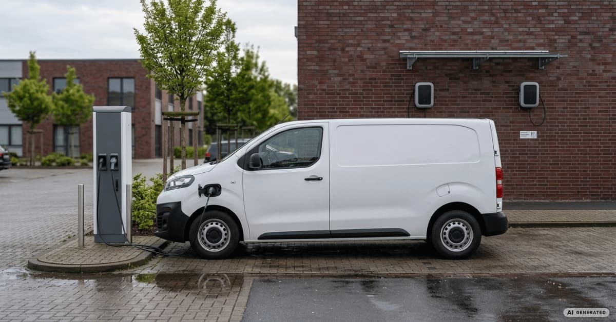 Ladestation für Firmenfahrzeuge mit Ladesäule, Elektro-Transporter und Dienstwagen auf einem Firmenparkplatz